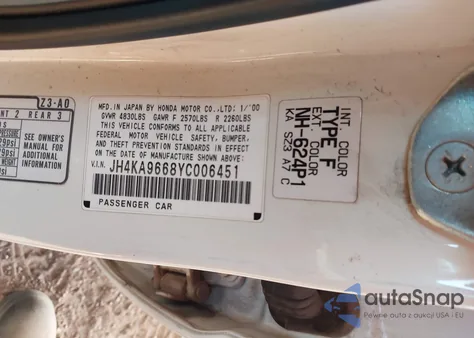 2000 Acura Rl 3.5 z USA, uszkodzony, nr VIN JH4KA9668YC006451